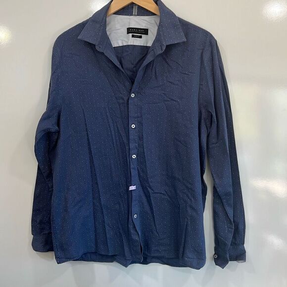 Zara man navy Polka dot button down shirt XL - Picture 1 of 6